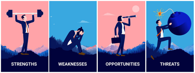 Strengths, weaknesses, opportunities and threats vector illustrations - Collection of business characters doing metaphors for business SWOT - obrazy, fototapety, plakaty