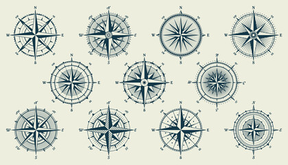 Vintage marine wind rose, nautical chart. Monochrome navigational compass with cardinal directions of North, East, South, West. Geographical position, cartography and navigation. Vector illustration. © 32 pixels