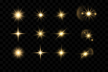 Light effects set, golden stars, bokeh,glittering particles.