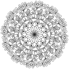 Halloween mandala, ornate coloring page with pumpkins, ghosts and leaves