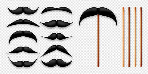 Realistic black mustache on a wooden stick. Fake paper mustache isolated on transparent background. Fashionable facial hair. Vintage design element. Creative vector illustration.