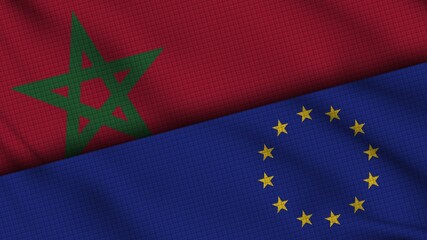 Morocco and European Union Flags Together, Wavy Fabric, Breaking News, Political Diplomacy Crisis Concept, 3D Illustration