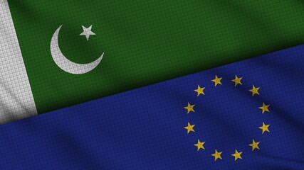 Pakistan and European Union Flags Together, Wavy Fabric, Breaking News, Political Diplomacy Crisis Concept, 3D Illustration