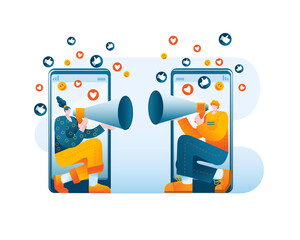A woman and a man use their phones to yell at each other through a megaphone. Vector illustration on the topic of conflicts in social networks.