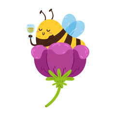 Cute little honey bee in flower with wineglass of nectar. The striped insect resting during the break. Vector character isolated illustration on white background.