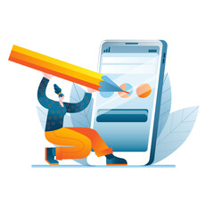 A girl with a large pencil in her hands is developing a mobile application. The concept of a vector illustration on the topic of UX design.