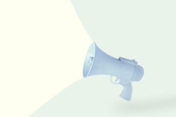 Blue and gray gun megaphone isolated on pale green and yellow background with copy space. Minimal,...