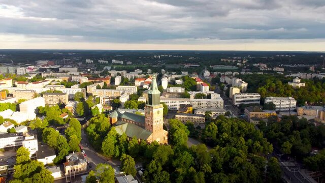Aerial circling view on Turku cathedral in Finland. Historic medieval Cathedral of the 13th century in the city of Turku.