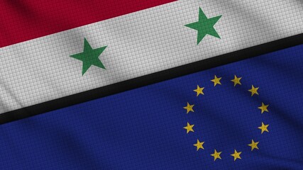 Syria and European Union Flags Together, Wavy Fabric, Breaking News, Political Diplomacy Crisis Concept, 3D Illustration