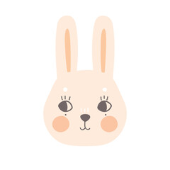 The face of a cute bunny with open eyes and eyelashes. A funny animal in a delicate pastel color. Hand-drawn vector illustration for the design of baby clothes and posters