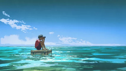Papier Peint photo Grand échec Un garçon avec des jumelles est assis sur une valise flottant sur la mer, style art numérique, peinture d& 39 illustration