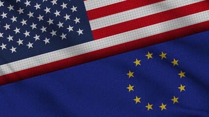 United States of America and European Union Flags Together, Wavy Fabric, Breaking News, Political Diplomacy Crisis Concept, 3D Illustration