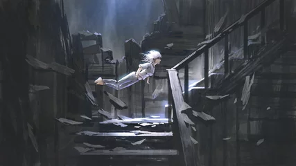 Rolgordijnen jonge vrouw zwevend in de lucht in een verlaten huis, digitale kunststijl, illustratie schilderij © grandfailure