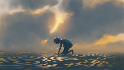 The child touches the pattern with his finger on the ground, digital art style, illustration painting