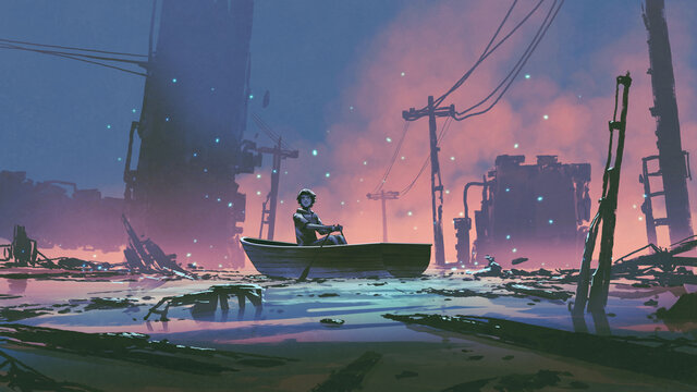 Fototapeta young man sits on a boat looking at the flooded abandoned city, digital art style, illustration painting