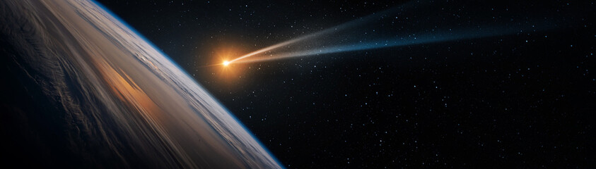 Comet, asteroid, meteorite flying to Earth on starry night sky. Glowing asteroid and tail of a falling comet threatening the safety of Earth Day. Elements of this image furnished by NASA. - obrazy, fototapety, plakaty