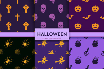 Fototapeta na wymiar Halloween seamless patterns collection with flat vector illustrations. Halloween textures and backgrounds. Silhouettes and flat icons of halloween monsters and symbols.
