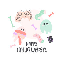 Halloween pastel concept illustration with ghost, mummy ghost, bones, severed octopus tentacle and abstract shapes. With hand-drawn lettering. Vector doodle isolated on white background.