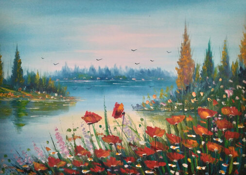 Original oil painting the ed poppies field