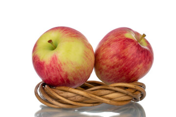 Two ripe organic apples with a vine wreath, close-up, isolated on white.