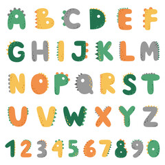 Funny Dino alphabet and numbers. Capital letters in the style of dinosaurs. Vector illustration for children.
