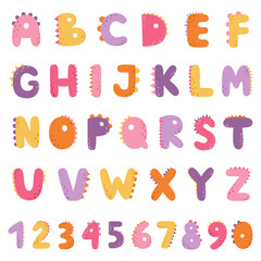 Cute alphabet and numbers in the style of Dinosaurs. Bright Dino letters. Vector illustration for children.