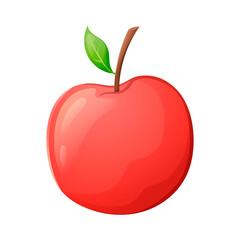 Simple vector isolated image of cartoon red ripe apple with twig and leaf.