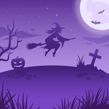 Halloween night illustration. Big glowing moon, flying witch and night spooky landscape. Vector spooky illustration with witch, pumpkin lantern and full moon. Halloween background, poster, decoration.