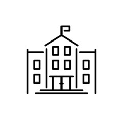 School or college black icon. Large residential building with flag, architecture, high school, university, teaching. Flat isolated symbol for: illustration, outline, logo, web, dev, ui. Vector EPS 10