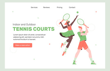 Rent of tennis courts. Two players with rackets. Colorful vector characters. Active man and woman. Sports concept illustration on the landing page.