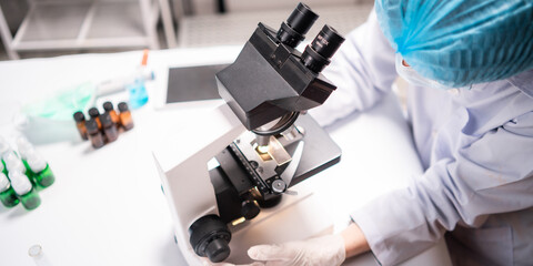 Fototapeta premium professional health care researchers scientist working in life of medical science laboratory, scientific technology of medicine chemistry or biology lap experiment test work for doctor in hospital