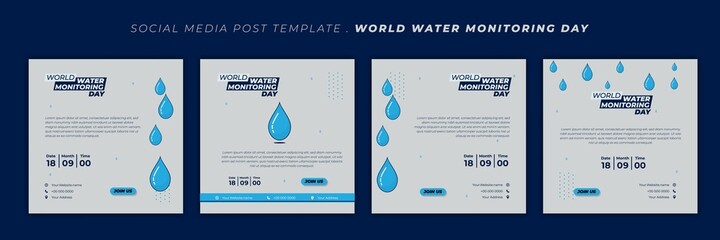 World water monitoring day design with water drops vector illustration. Set of social media template with blue and white design.