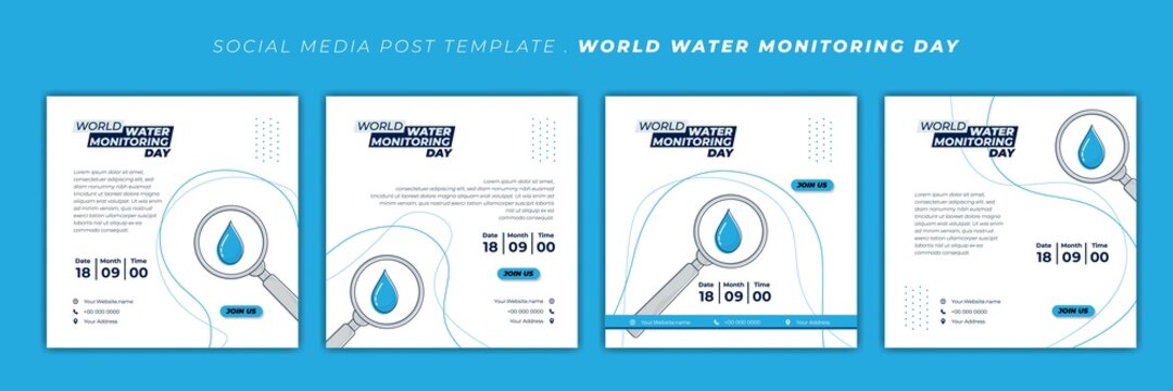 World Water Monitoring Day Design With Magnifier Vector Illustration. Set Of Social Media Template With Blue And White Design.