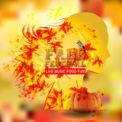 Illustration about Elegant abstract autumn girl or woman ,vector. Illustration of female, hair, autumn maple leaves, bird, pumpkin on yellow and red. Greeting card design template.
