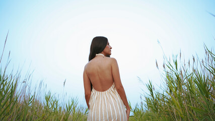 young woman from back in striped dress with straps and halter neckline on a path in the field