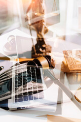 justice and law concept.Male judge in a courtroom on wooden table and Counselor or Male lawyer working in office. Legal law, advice and justice concept.