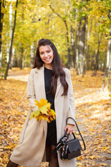 Fototapeta na wymiar Brunette woman in autumn park and autumn leaves. Small black bag. Autumn mood. Yellow, red and green leaves. Beige coat.