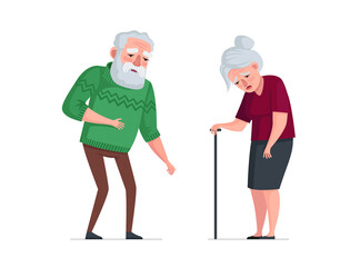 Unhealthy sick elderly couple stand. Sad tired senior aged pensioners. Weakness old people bearded man in sweater and woman with cane. Fatigue gray hair retired grandparents. Vector eps illustration