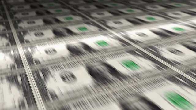 Dollar money sheet printing. USD banknotes loop print. Seamless and looped background concept of finance, economy crisis, inflation and business in USA.