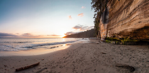 Panoramic View of Mystic Beach on the West Coast of Pacific Ocean. Summer Sunny Sunset. Canadian Nature Landscape Background Panorama. Located near Victoria, Vancouver Island, BC, Canada.
