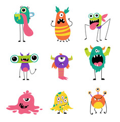 Set of cute monsters isolated on white background. Funny monster characters. Design for print, party decoration, t-shirt, illustration, logo, emblem or sticker. Vector illustration in cartoon style. © Olha