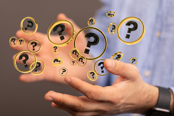 Businessman solving problem with digital question marks 3D rendering