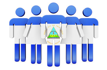 Stick figures with Nicaraguan flag. Social community and citizens of Nicaragua, 3D rendering
