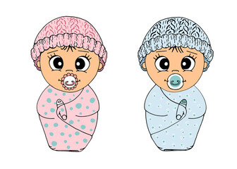 Newborn boy and girl with a dummy wrapped in a blanket, in a hat. Hand drawn set cute cartoon baby twins. Vector isolated.