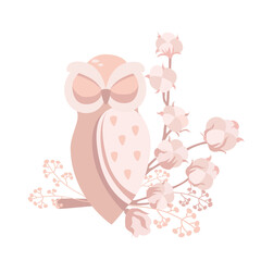 An owl sits on a branch of cotton