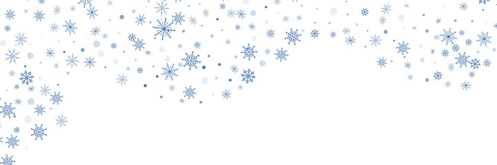 Fototapeta premium Blue delicate openwork snowflakes scatter on a white background. Festive background, postcard design, wallpaper