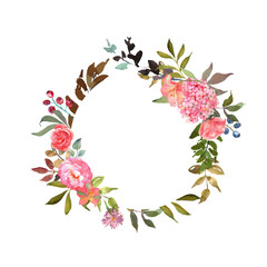Banner, circle card with a blooming pin hydrangea, roses and leaves hand drawn in watercolor. Excellent use for invitations, greetings, wedding celebrations. Floral background with place for text