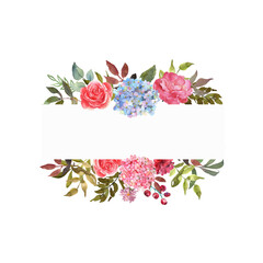 Banner, card, border with a blooming pink, blue hydrangea, roses and leaves hand drawn in watercolor.  Floral background with place for text