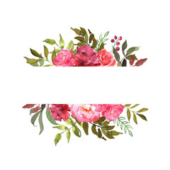 Banner, card, border with a blooming roses and leaves hand drawn in watercolor. Excellent use for invitations, greetings, wedding celebrations. Floral background with place for text