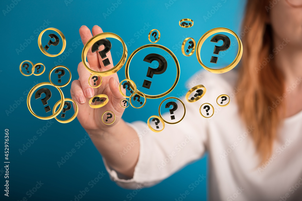 Sticker businessman solving problem with digital question marks 3d rendering